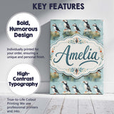 Personalised Name Puffin Bird Pattern Custom Modern Room Accent Creative Decorator Style Canvas Wall Art Print Decor Picture Ready to Hang