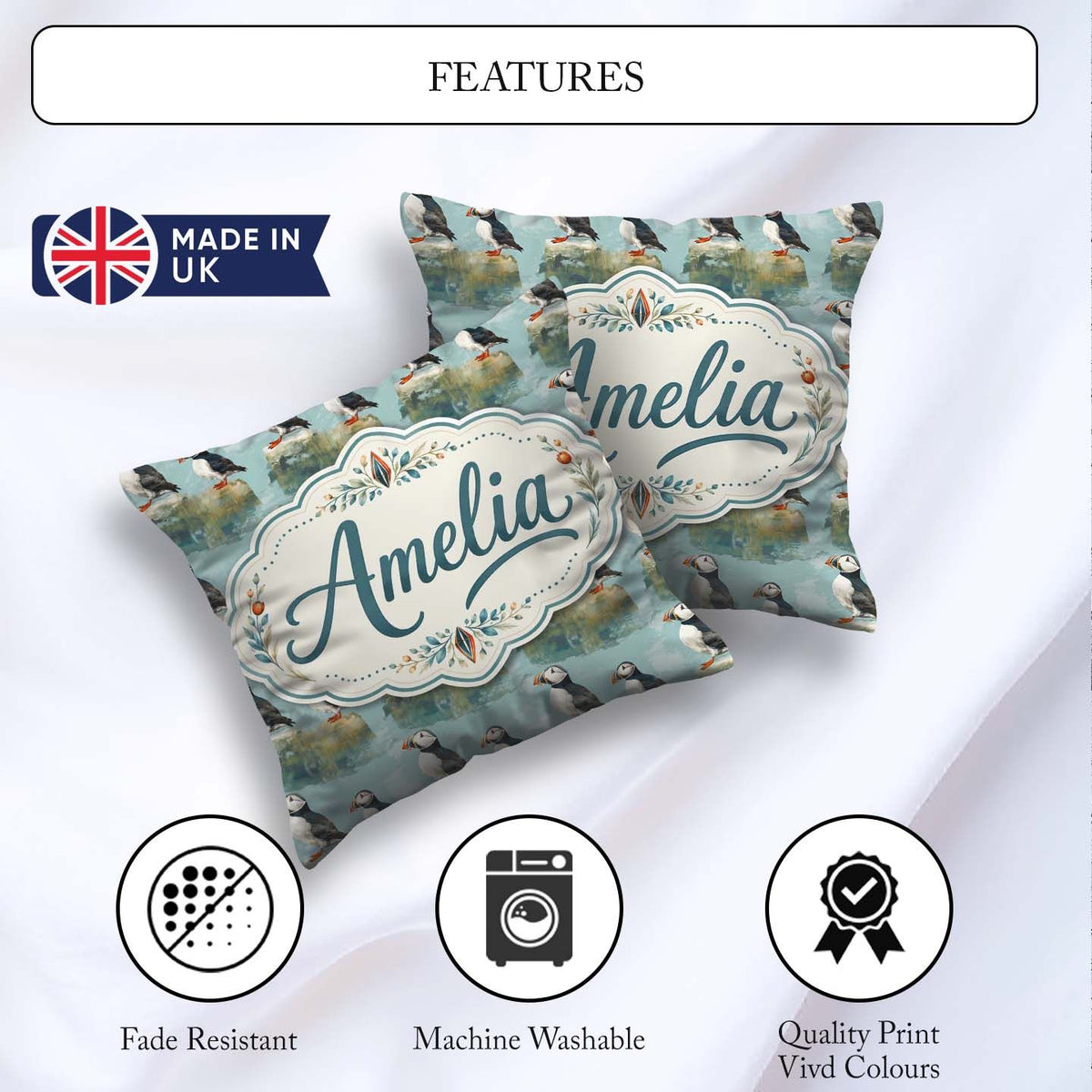 Custom Name Puffin Bird Pattern Coastal Wildlife Seamless Design Square Filled Cushion Throw Pillow Sofa Bed Home Decor Zip Washable UK Made