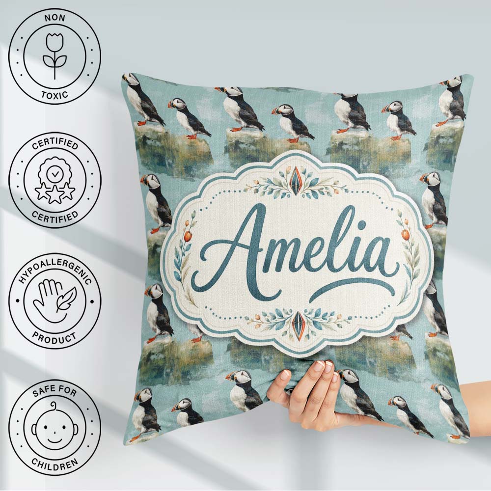 Custom Name Puffin Bird Pattern Coastal Wildlife Seamless Design Square Filled Cushion Throw Pillow Sofa Bed Home Decor Zip Washable UK Made