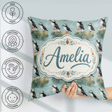 Custom Name Puffin Bird Pattern Coastal Wildlife Seamless Design Square Filled Cushion Throw Pillow Sofa Bed Home Decor Zip Washable UK Made