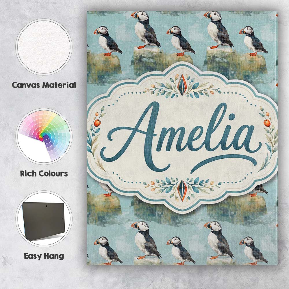 Personalised Name Puffin Bird Pattern Custom Modern Room Accent Creative Decorator Style Canvas Wall Art Print Decor Picture Ready to Hang