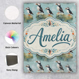 Personalised Name Puffin Bird Pattern Custom Modern Room Accent Creative Decorator Style Canvas Wall Art Print Decor Picture Ready to Hang