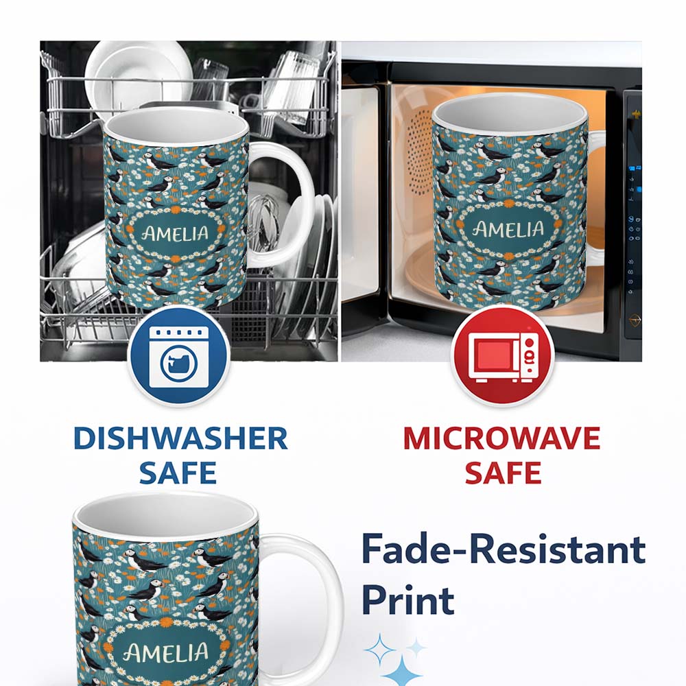 Personalized Custom Name Colorful Puffin Bird and Wildflower Meadow Seamless Pattern Lovely 11oz Ceramic Coffee Tea Mug White Large Handle