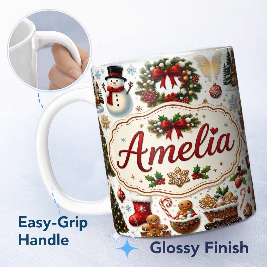 Personalized Custom Name Cute Christmas Wreath Snowman Gingerbread Cookies Tree Seamless 11oz Ceramic Coffee Tea Mug White Large Handle