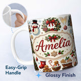 Personalized Custom Name Cute Christmas Wreath Snowman Gingerbread Cookies Tree Seamless 11oz Ceramic Coffee Tea Mug White Large Handle