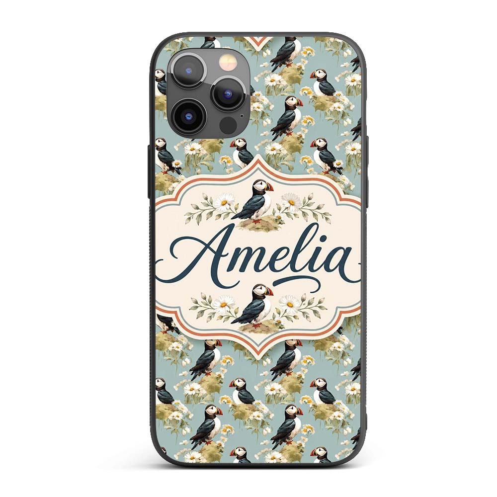 Puffin and Wildflower Garden Decorative Design Custom Name Protective Phone Case Mobile Cover Durable Everyday Smartphone Shock Resistant