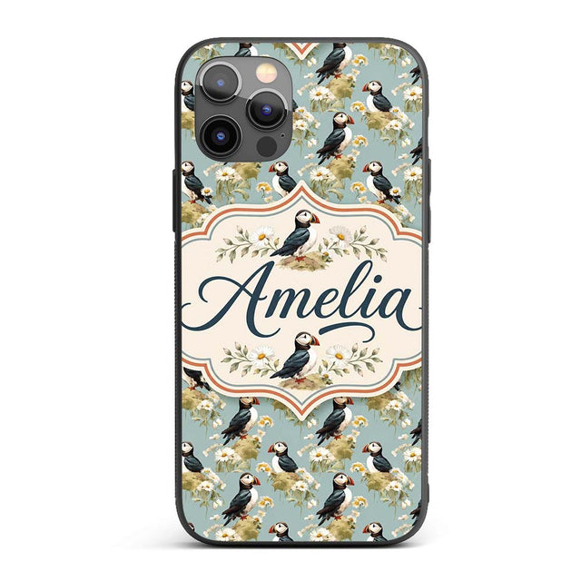 Puffin and Wildflower Garden Decorative Design Custom Name Protective Phone Case Mobile Cover Durable Everyday Smartphone Shock Resistant