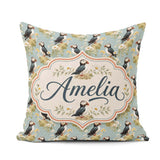 Custom Name Puffin and Wildflower Garden Pattern Nature Inspired Square Filled Cushion Throw Pillow Sofa Bed Home Decor Zip Washable UK Made