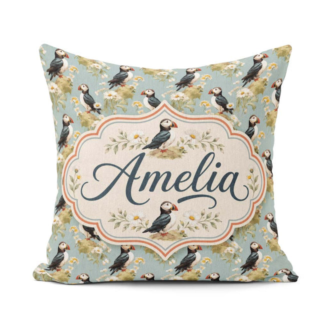 Custom Name Puffin and Wildflower Garden Pattern Nature Inspired Square Filled Cushion Throw Pillow Sofa Bed Home Decor Zip Washable UK Made