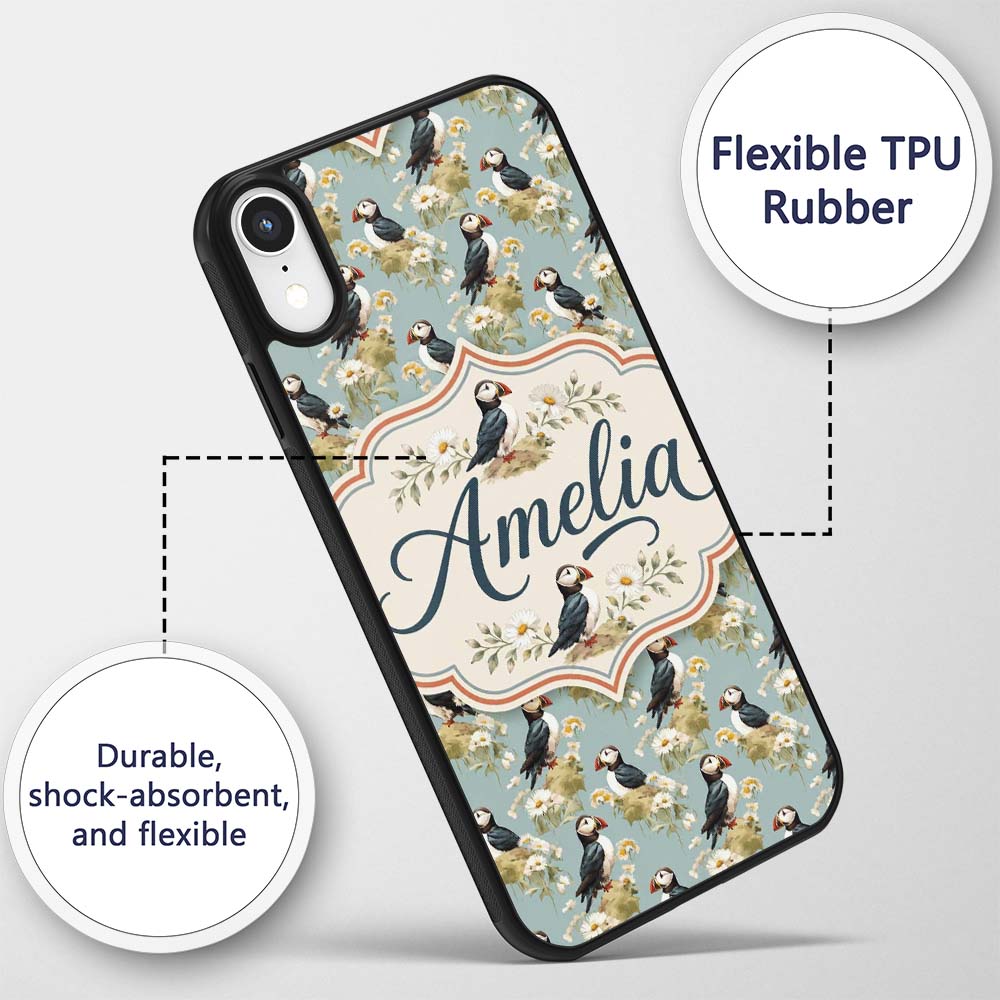 Puffin and Wildflower Garden Decorative Design Custom Name Protective Phone Case Mobile Cover Durable Everyday Smartphone Shock Resistant