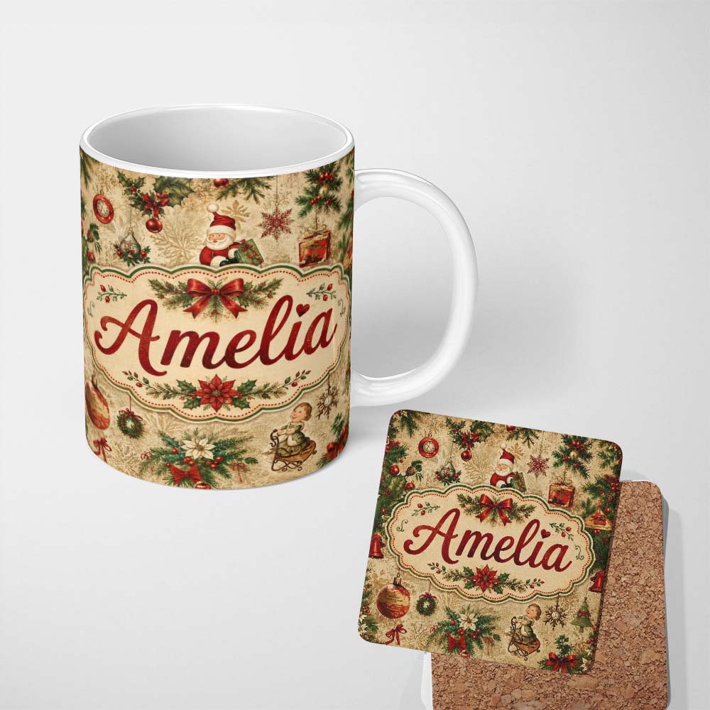 Personalized Custom Name Classic Christmas Santa Gift Holly Snowflake Seamless Pattern Lovely 11oz Ceramic Coffee Tea Mug White Large Handle