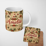 Personalized Custom Name Classic Christmas Santa Gift Holly Snowflake Seamless Pattern Lovely 11oz Ceramic Coffee Tea Mug White Large Handle