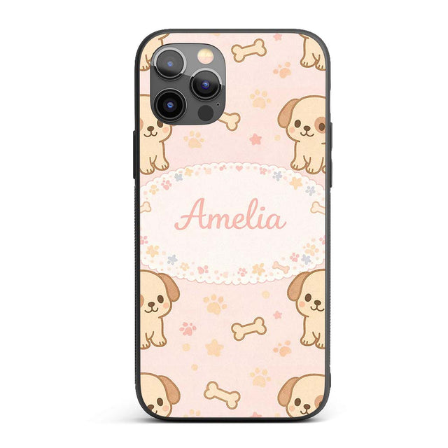 Cute Puppy Dog Cartoon Animal Printed Design Custom Name Protective Phone Case Mobile Cover Durable Everyday Smartphone Shock Resistant