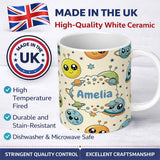 Personalized Custom Name Cute Kawaii Space Planets Aliens Stars Galaxy Seamless Pattern 11oz Ceramic Coffee Tea Mug White Large Handle
