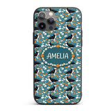 Colorful Puffin Bird and Wildflower Meadow Printed Design Custom Name Protective Phone Case Mobile Cover Durable Smartphone Shock Resistant