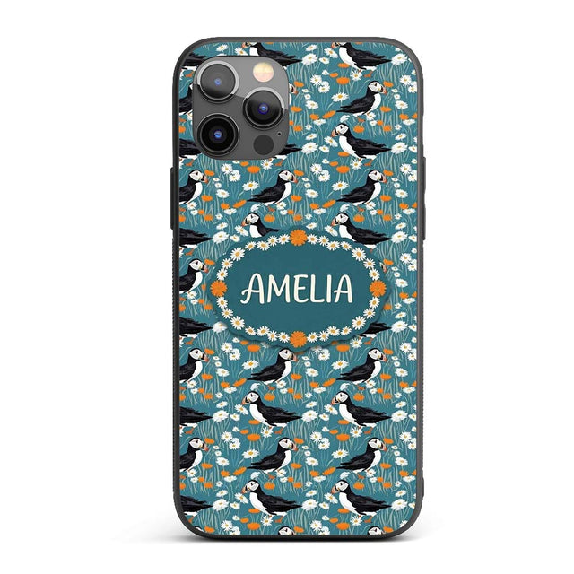 Colorful Puffin Bird and Wildflower Meadow Printed Design Custom Name Protective Phone Case Mobile Cover Durable Smartphone Shock Resistant