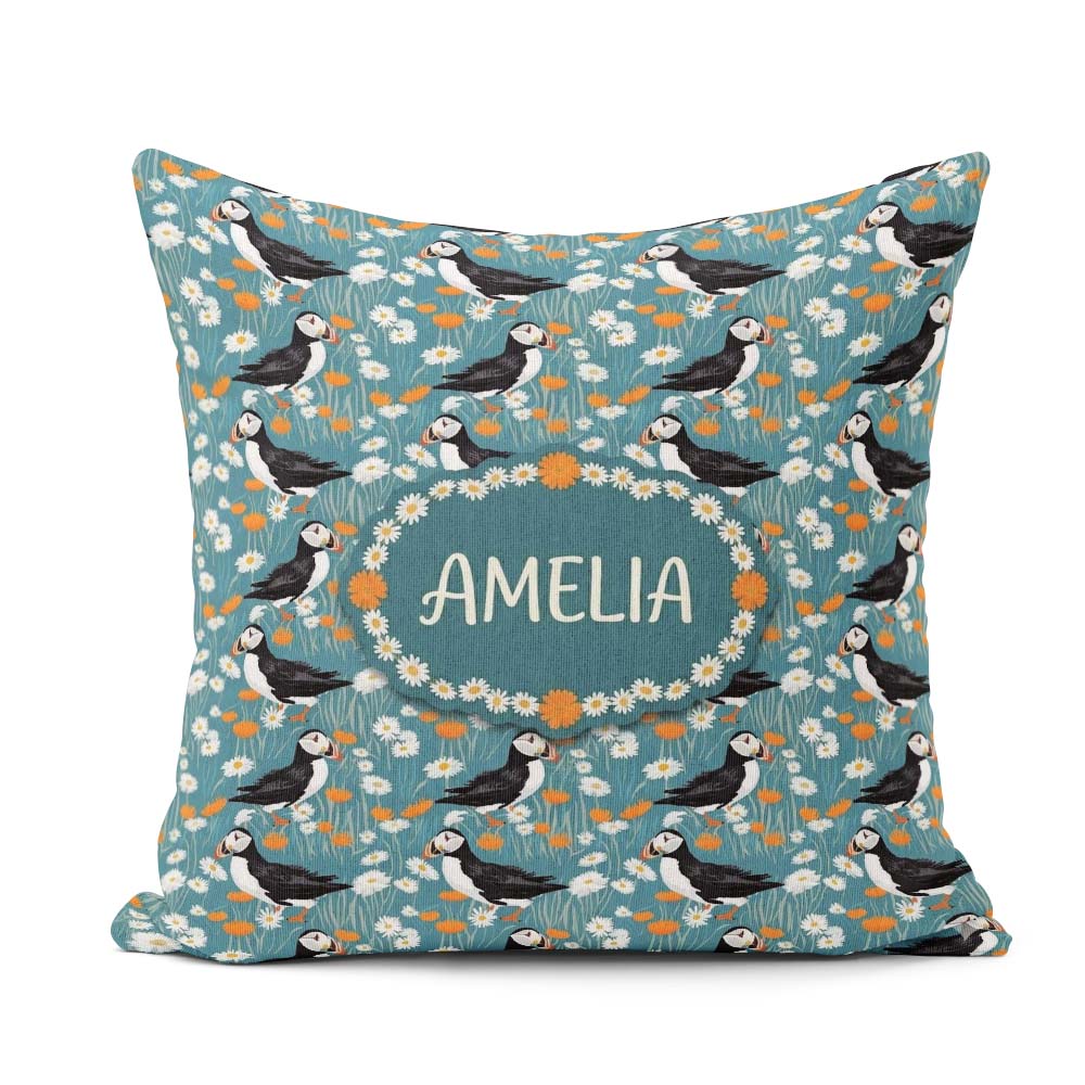 Custom Name Colorful Puffin Bird and Wildflower Seamless Pattern Square Filled Cushion Throw Pillow Sofa Bed Home Decor Zip Washable UK Made
