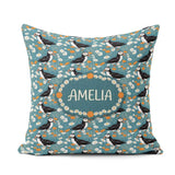 Custom Name Colorful Puffin Bird and Wildflower Seamless Pattern Square Filled Cushion Throw Pillow Sofa Bed Home Decor Zip Washable UK Made