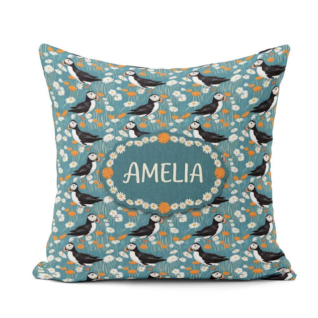 Custom Name Colorful Puffin Bird and Wildflower Seamless Pattern Square Filled Cushion Throw Pillow Sofa Bed Home Decor Zip Washable UK Made