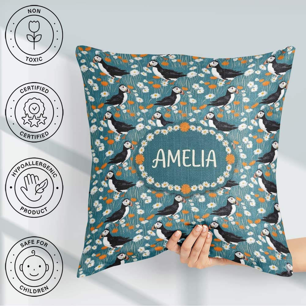 Custom Name Colorful Puffin Bird and Wildflower Seamless Pattern Square Filled Cushion Throw Pillow Sofa Bed Home Decor Zip Washable UK Made