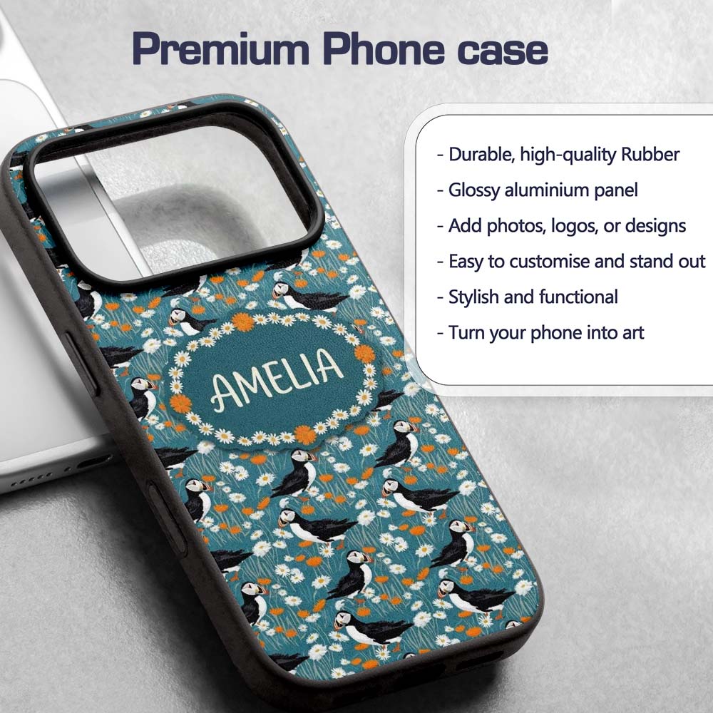 Colorful Puffin Bird and Wildflower Meadow Printed Design Custom Name Protective Phone Case Mobile Cover Durable Smartphone Shock Resistant