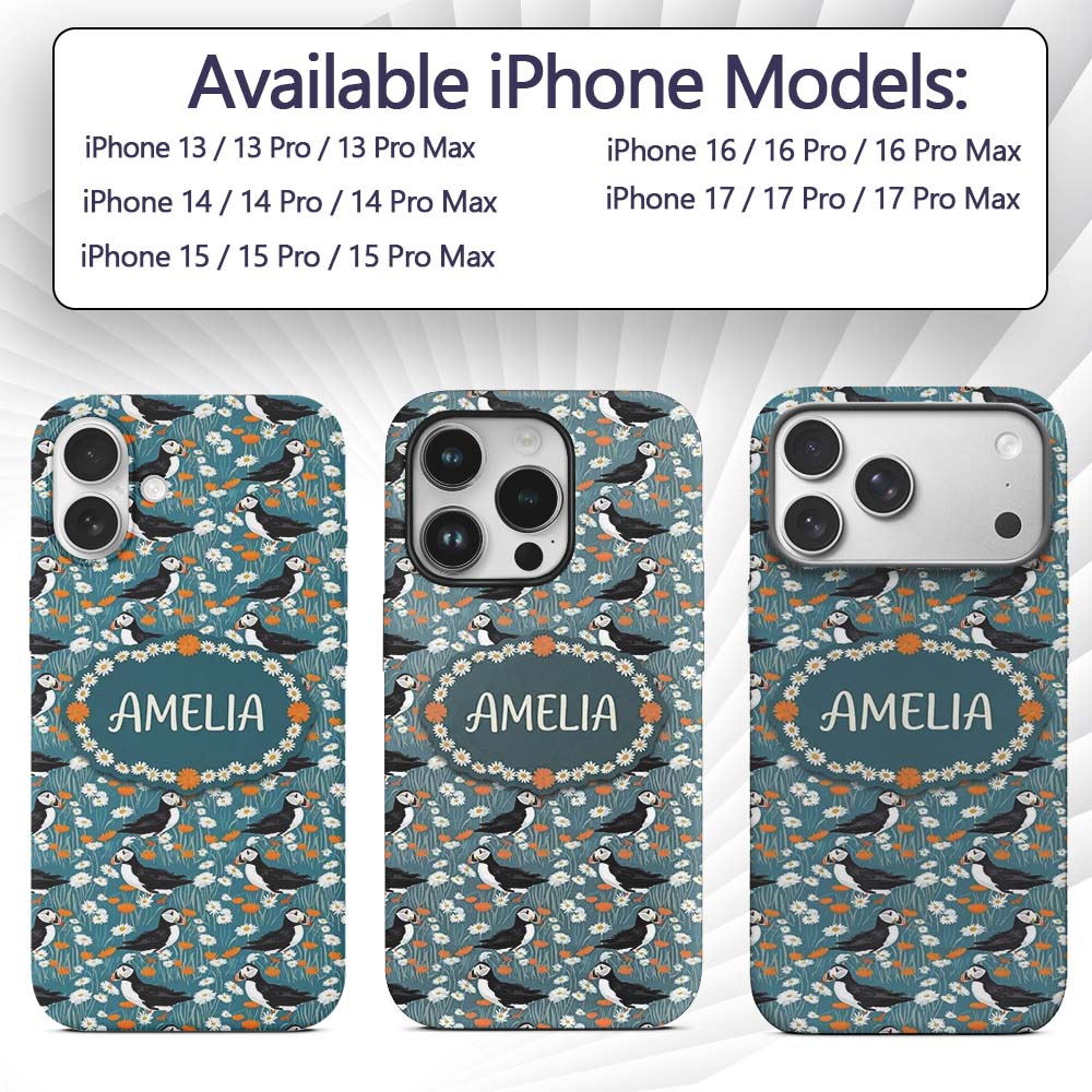 Colorful Puffin Bird and Wildflower Meadow Printed Design Custom Name Protective Phone Case Mobile Cover Durable Smartphone Shock Resistant