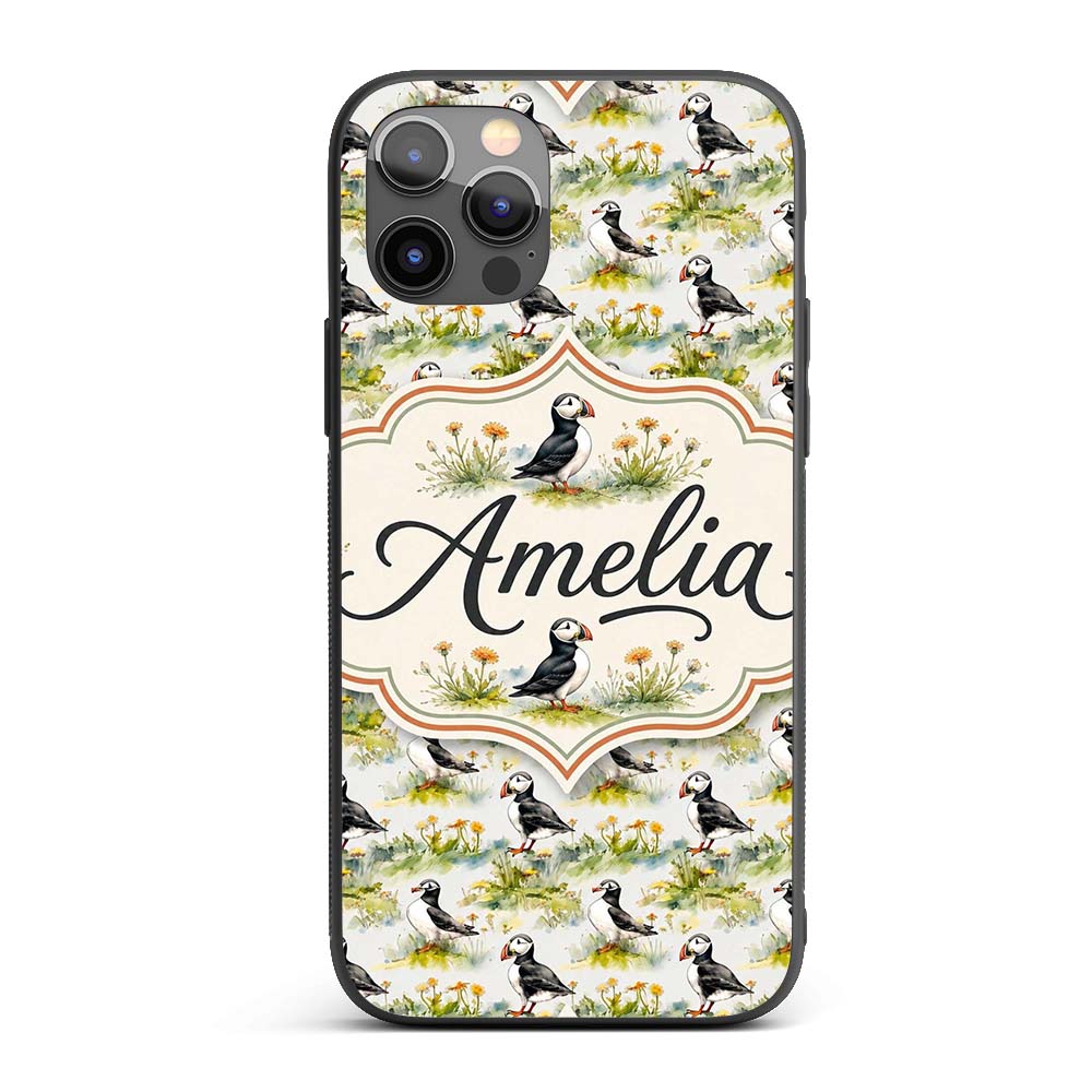Watercolor Puffin Birds in Floral Meadow Garden Custom Name Protective Phone Case Mobile Cover Durable Everyday Smartphone Shock Resistant