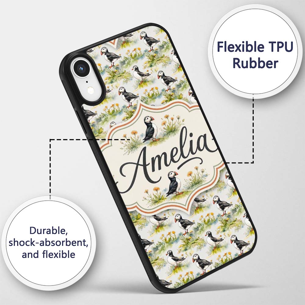 Watercolor Puffin Birds in Floral Meadow Garden Custom Name Protective Phone Case Mobile Cover Durable Everyday Smartphone Shock Resistant