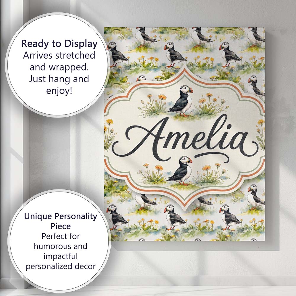 Personalised Name Watercolor Puffin Birds Custom  Unique Gift Idea Elegant Feature Canvas Wall Art Print Decor Picture Ready to Hang