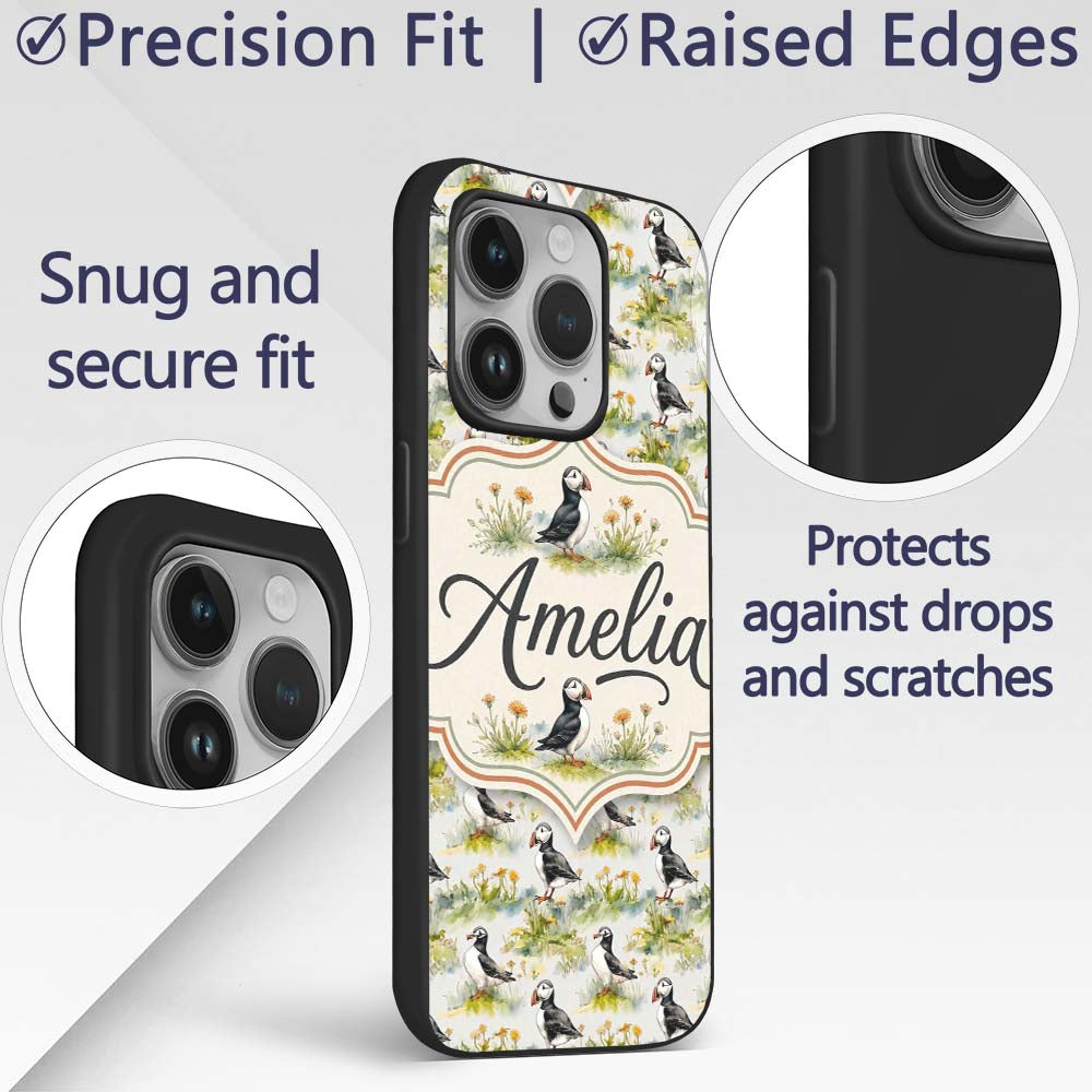 Watercolor Puffin Birds in Floral Meadow Garden Custom Name Protective Phone Case Mobile Cover Durable Everyday Smartphone Shock Resistant