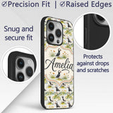 Watercolor Puffin Birds in Floral Meadow Garden Custom Name Protective Phone Case Mobile Cover Durable Everyday Smartphone Shock Resistant