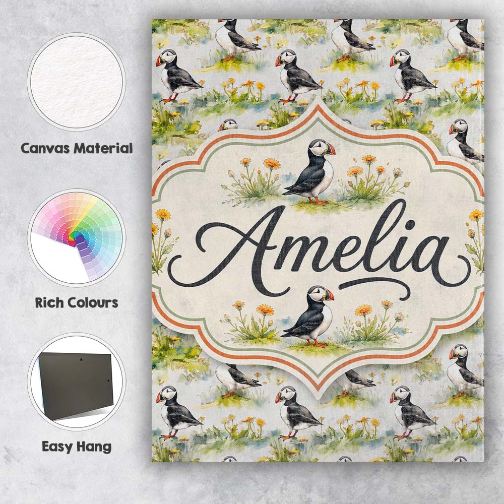 Personalised Name Watercolor Puffin Birds Custom  Unique Gift Idea Elegant Feature Canvas Wall Art Print Decor Picture Ready to Hang
