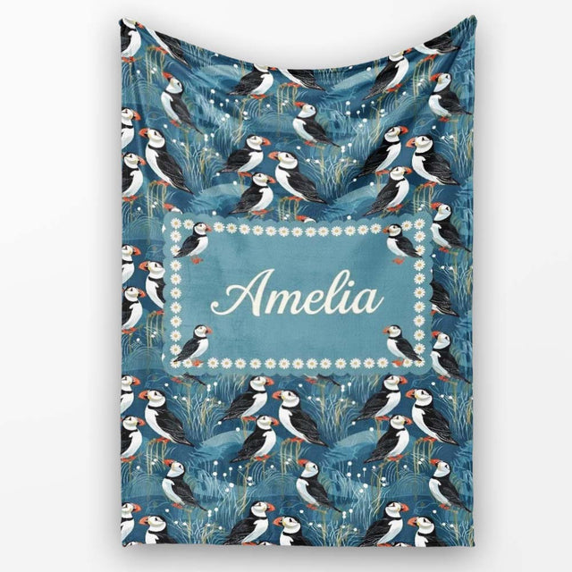 Decorative Puffin Birds with Abstract Ocean Plants Seamless Pattern  Personalised Custom Name Super Soft Fleece Blanket Bed Sofa Throw