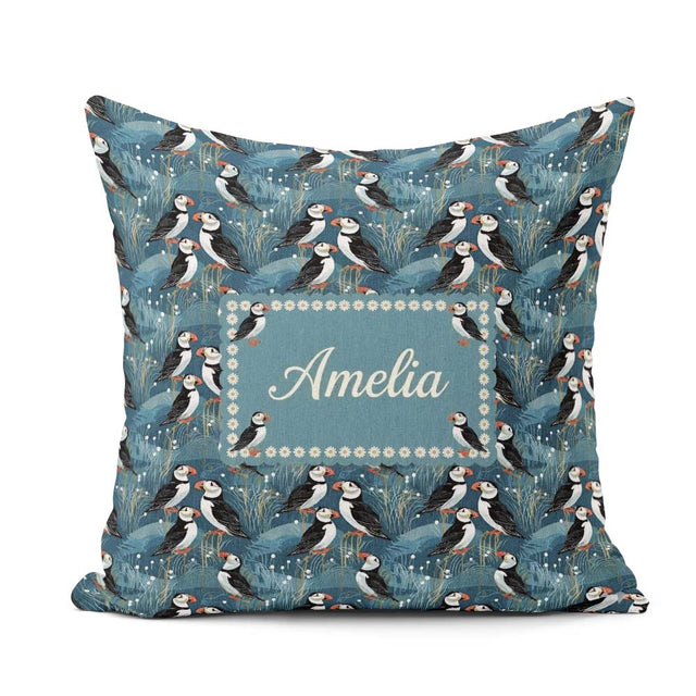 Custom Name Decorative Puffin Birds with Abstract Ocean Seamless Square Filled Cushion Throw Pillow Sofa Bed Home Decor Zip Washable UK Made