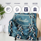 Decorative Puffin Birds with Abstract Ocean Plants Seamless Pattern  Personalised Custom Name Super Soft Fleece Blanket Bed Sofa Throw