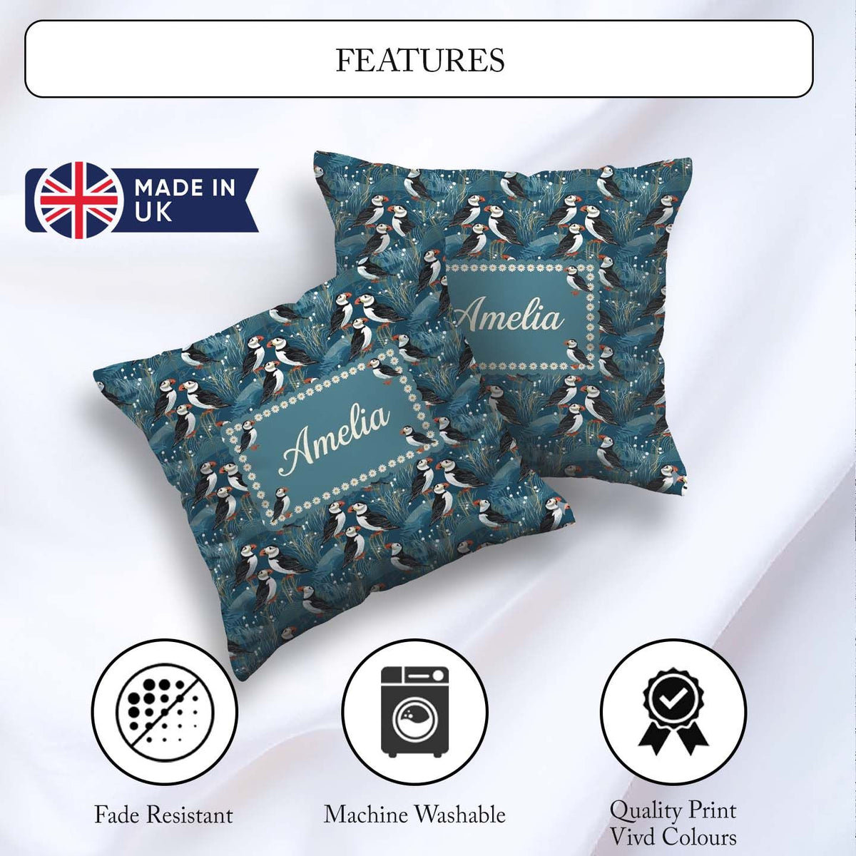 Custom Name Decorative Puffin Birds with Abstract Ocean Seamless Square Filled Cushion Throw Pillow Sofa Bed Home Decor Zip Washable UK Made