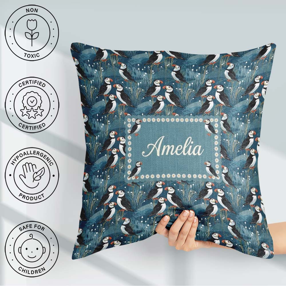Custom Name Decorative Puffin Birds with Abstract Ocean Seamless Square Filled Cushion Throw Pillow Sofa Bed Home Decor Zip Washable UK Made