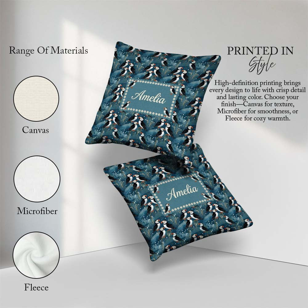 Custom Name Decorative Puffin Birds with Abstract Ocean Seamless Square Filled Cushion Throw Pillow Sofa Bed Home Decor Zip Washable UK Made