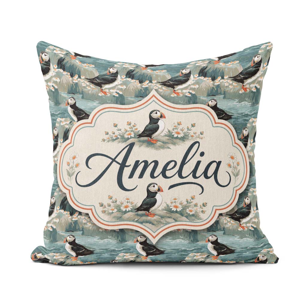 Custom Name Coastal Puffin Birds on Rocky Shore Flowers Seamless Square Filled Cushion Throw Pillow Sofa Bed Home Decor Zip Washable UK Made