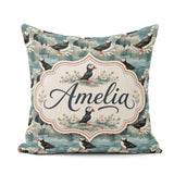 Custom Name Coastal Puffin Birds on Rocky Shore Flowers Seamless Square Filled Cushion Throw Pillow Sofa Bed Home Decor Zip Washable UK Made