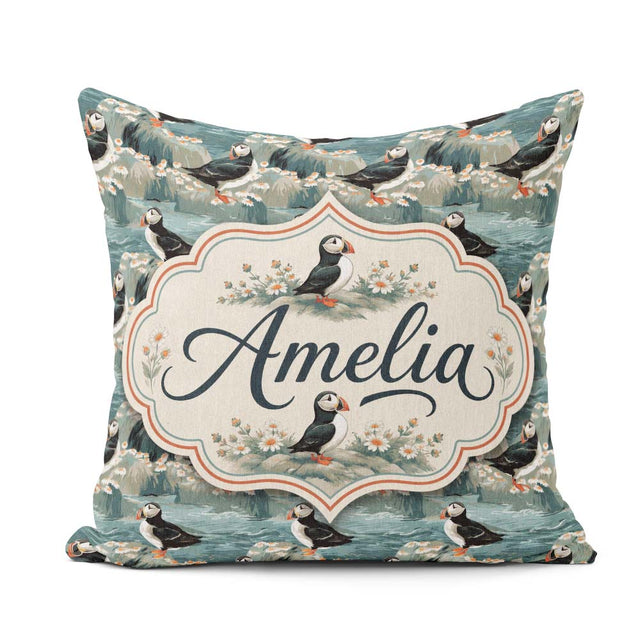 Custom Name Coastal Puffin Birds on Rocky Shore Flowers Seamless Square Filled Cushion Throw Pillow Sofa Bed Home Decor Zip Washable UK Made