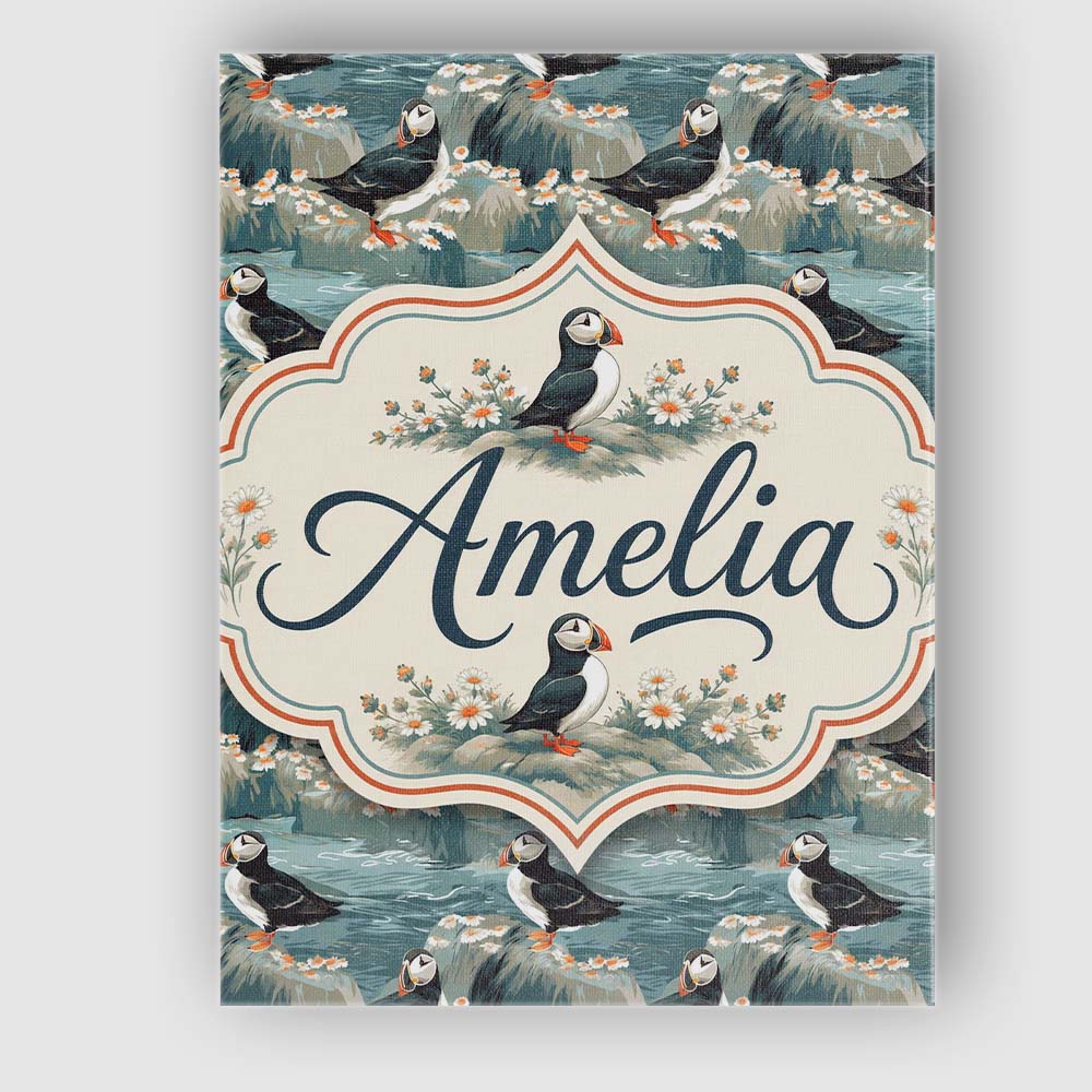 Personalised Name Coastal Puffin Birds on Custom  Unique Gift Idea Elegant Feature Canvas Wall Art Print Decor Picture Ready to Hang