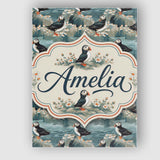 Personalised Name Coastal Puffin Birds on Custom  Unique Gift Idea Elegant Feature Canvas Wall Art Print Decor Picture Ready to Hang