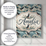 Personalised Name Coastal Puffin Birds on Custom  Unique Gift Idea Elegant Feature Canvas Wall Art Print Decor Picture Ready to Hang