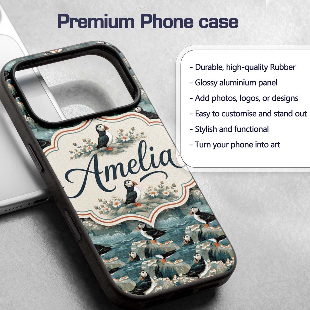 Coastal Puffin Birds on Rocky Shore with Flowers Custom Name Protective Phone Case Mobile Cover Durable Everyday Smartphone Shock Resistant