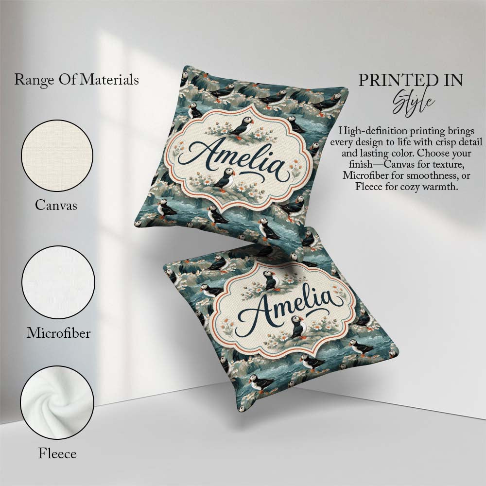 Custom Name Coastal Puffin Birds on Rocky Shore Flowers Seamless Square Filled Cushion Throw Pillow Sofa Bed Home Decor Zip Washable UK Made