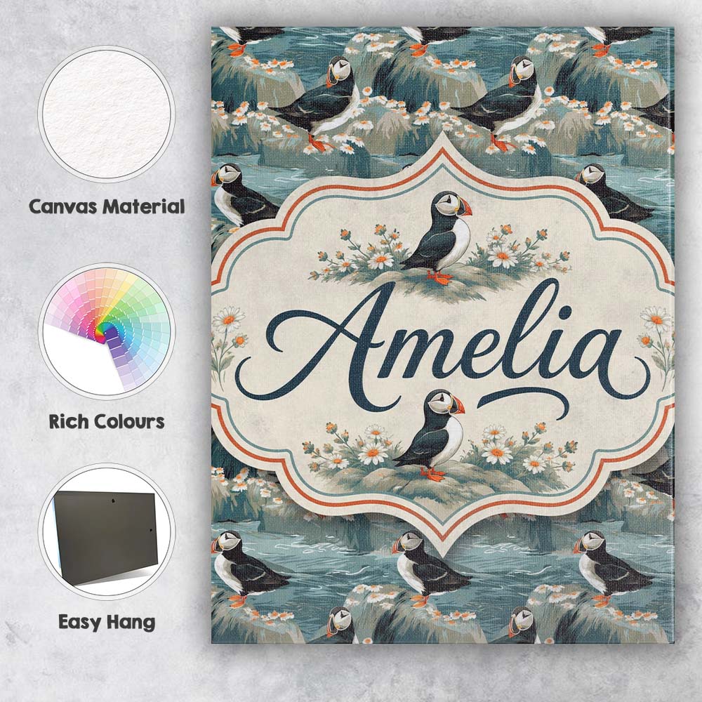 Personalised Name Coastal Puffin Birds on Custom  Unique Gift Idea Elegant Feature Canvas Wall Art Print Decor Picture Ready to Hang