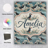 Personalised Name Coastal Puffin Birds on Custom  Unique Gift Idea Elegant Feature Canvas Wall Art Print Decor Picture Ready to Hang