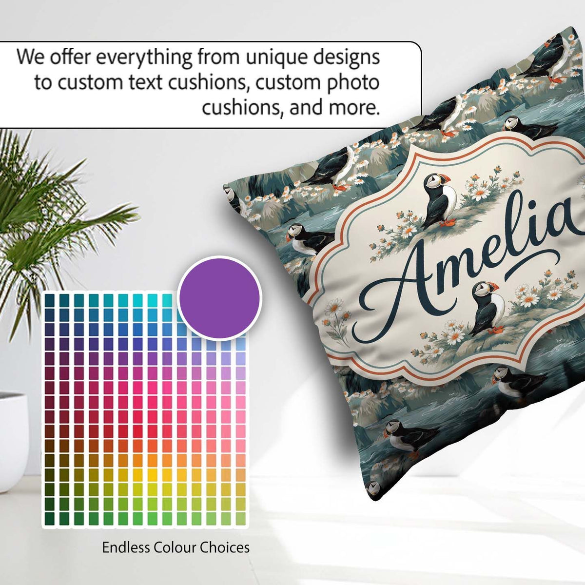 Custom Name Coastal Puffin Birds on Rocky Shore Flowers Seamless Square Filled Cushion Throw Pillow Sofa Bed Home Decor Zip Washable UK Made