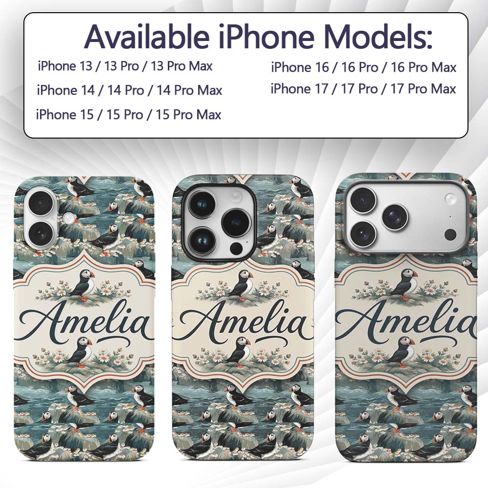 Coastal Puffin Birds on Rocky Shore with Flowers Custom Name Protective Phone Case Mobile Cover Durable Everyday Smartphone Shock Resistant